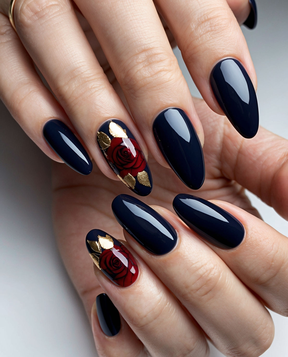 Glossy navy stiletto nails with hand-painted red rose and gold leaf accents