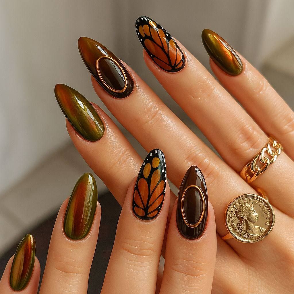 Olive chrome nails with hand-painted monarch butterfly accents