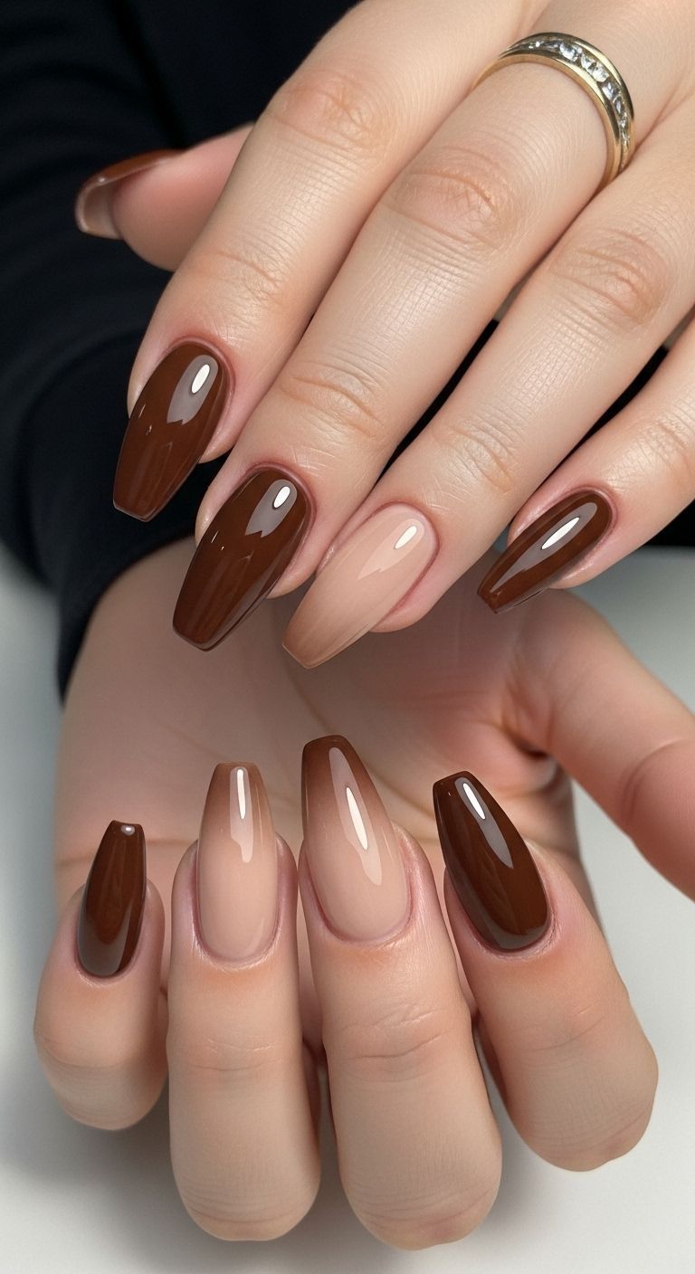 Glossy chocolate brown nails mixed with single nude accent