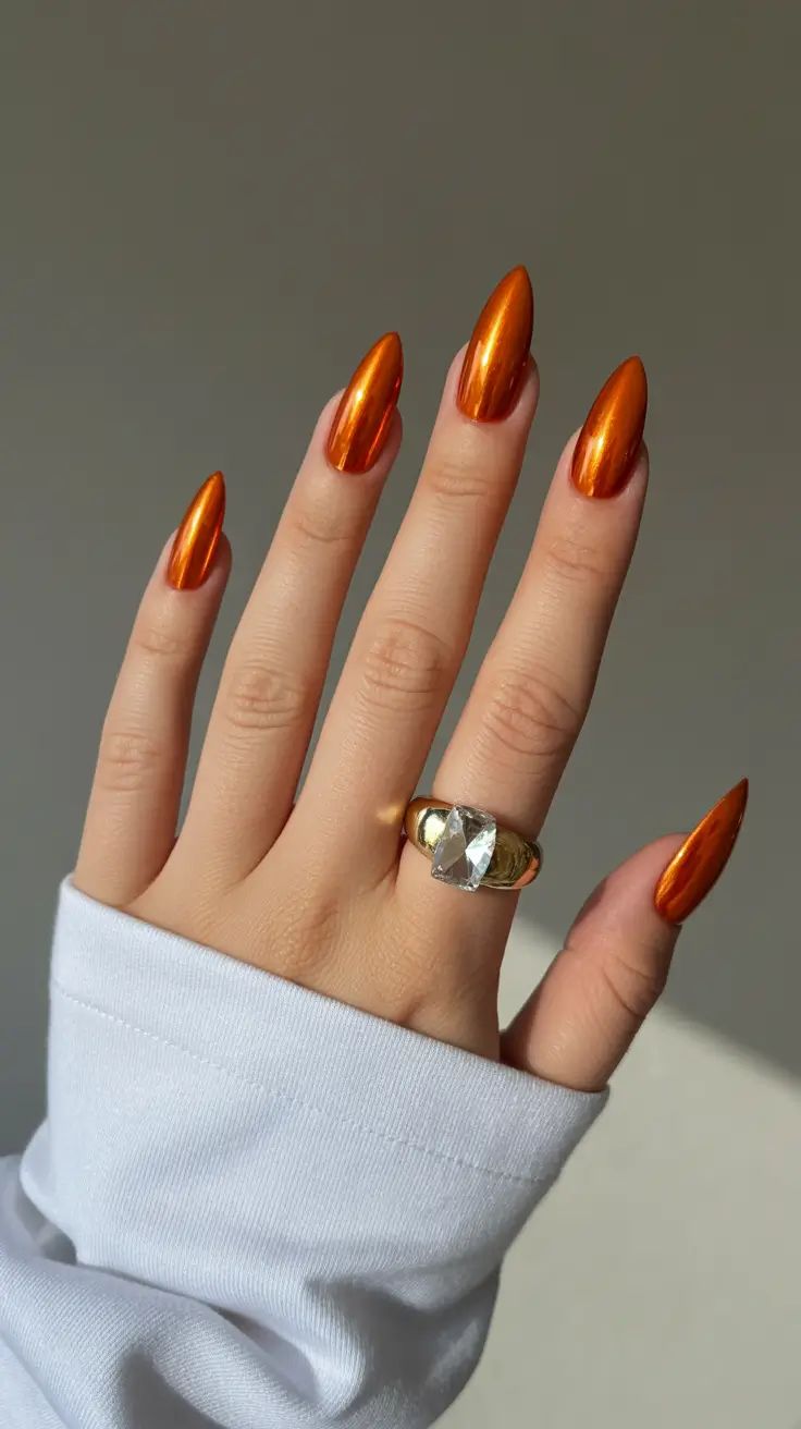 Mirror orange chrome stiletto nails on a hand emerging from a white sleeve