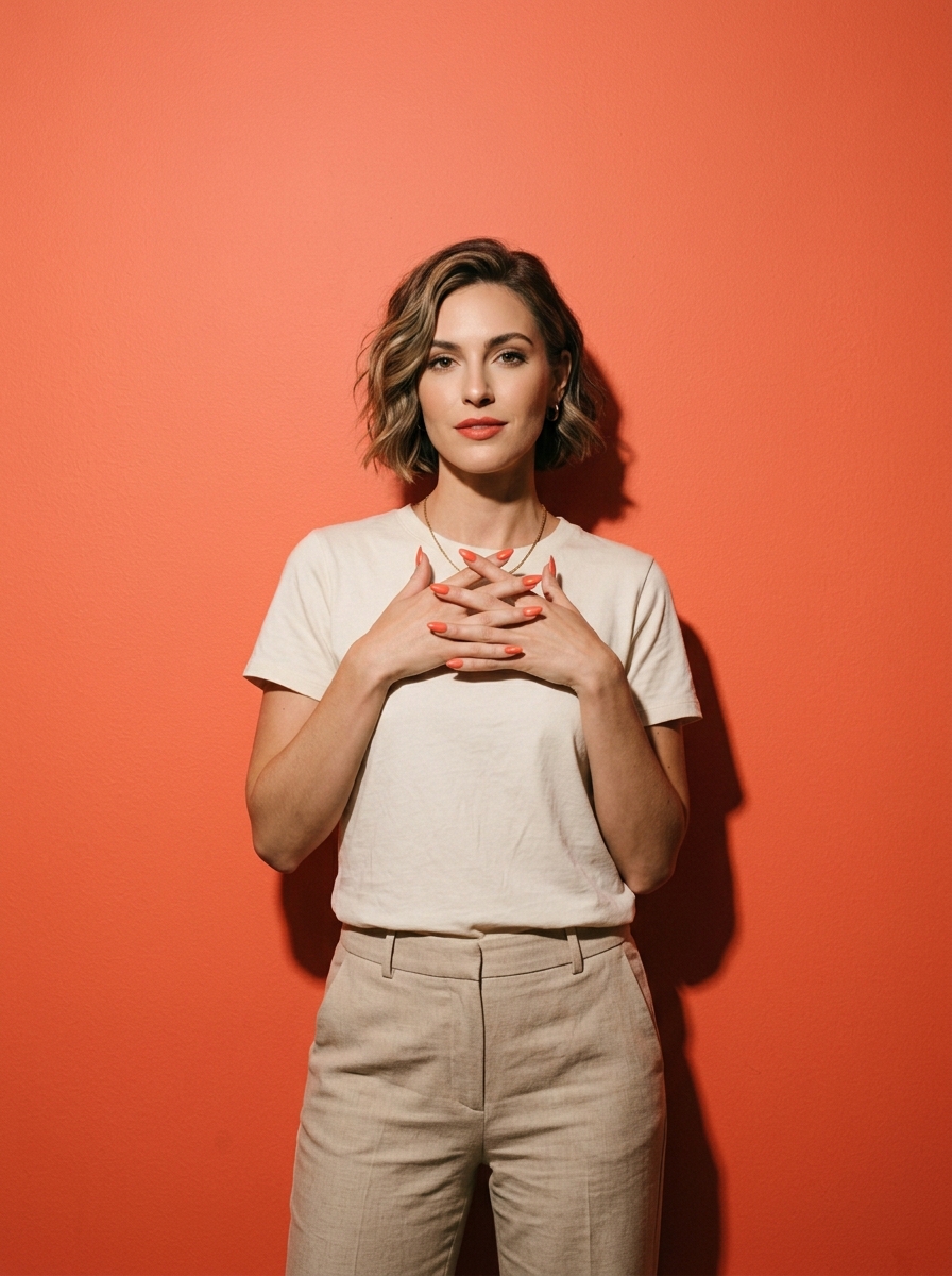 Portrait of Léa against a coral backdrop