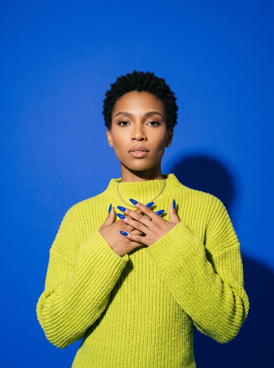 Portrait of Noor against a cobalt backdrop