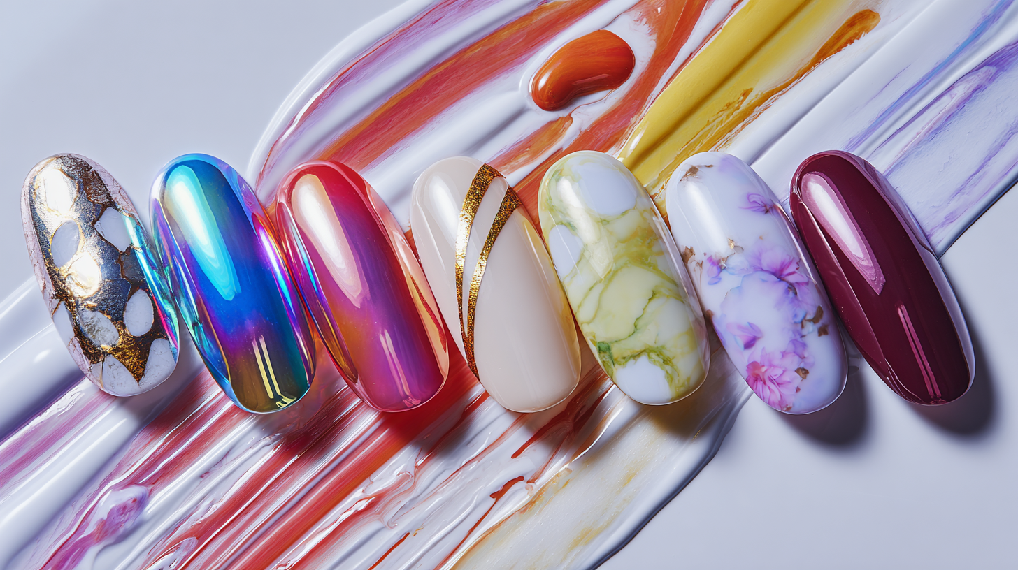A row of almond press-on nail tips, each painted in a different modern design — chrome, iridescent, marbled, glossy color, painterly, gold-foil — floating across a glossy surface streaked with magenta, lime, blue, and pink nail polish