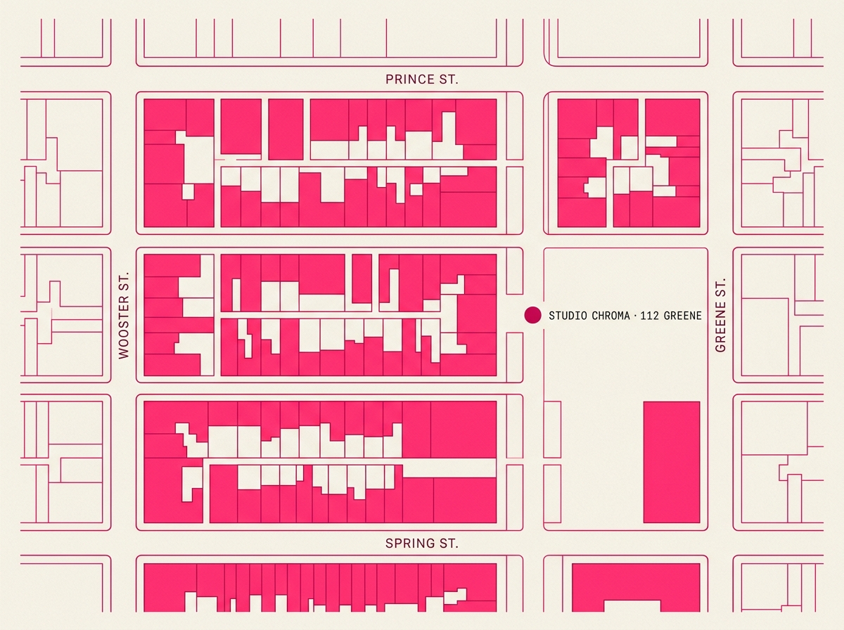 Illustrated street map: Studio Chroma at 112 Greene St, between Prince and Spring. Magenta lines on cream paper.