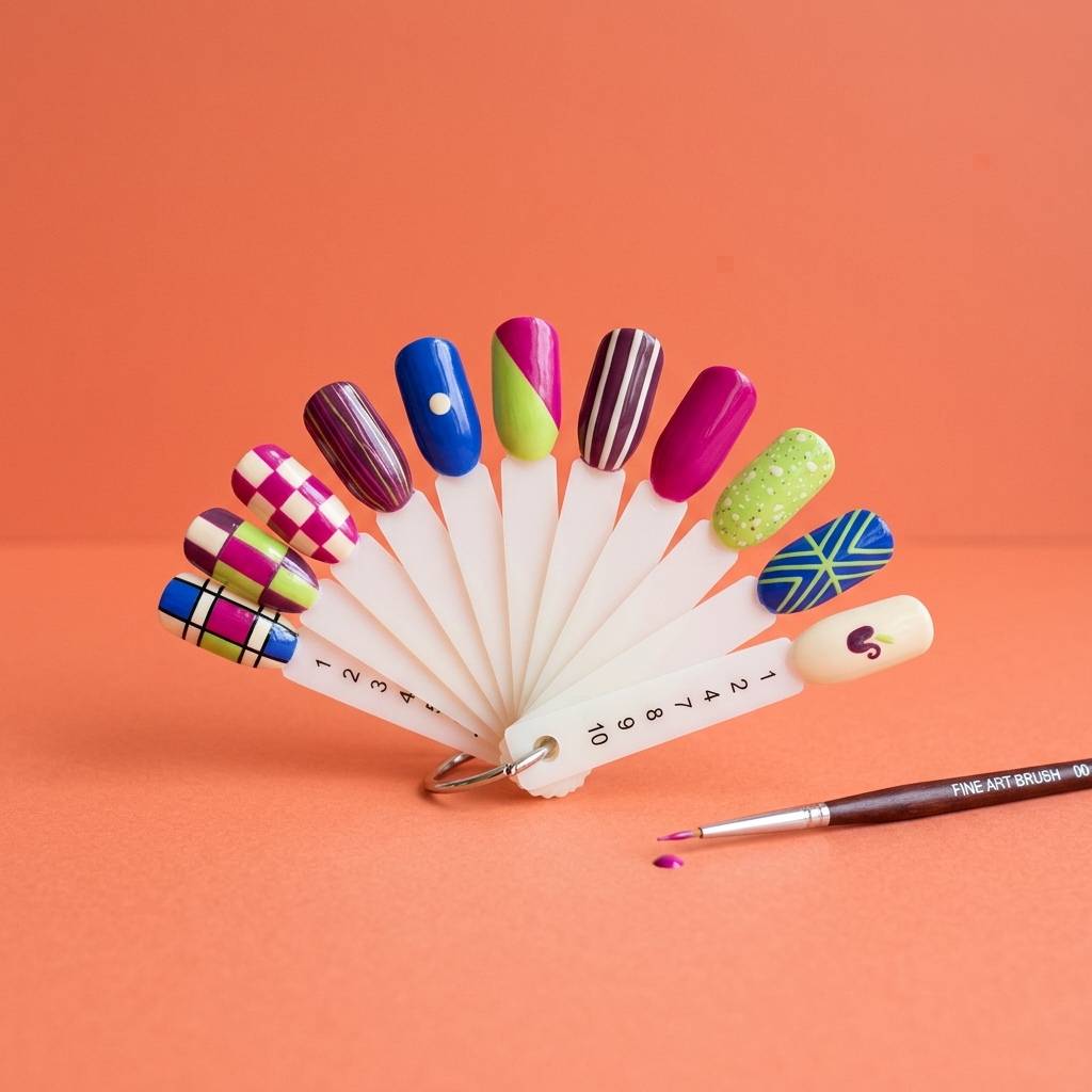 Nail swatch fan on coral with a brush