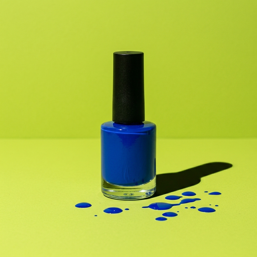 Cobalt polish bottle on a lime ground with splatter drops