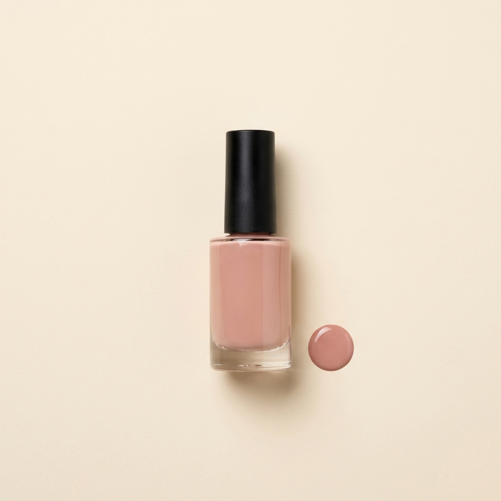 Nude polish bottle on cream with a single drop pool