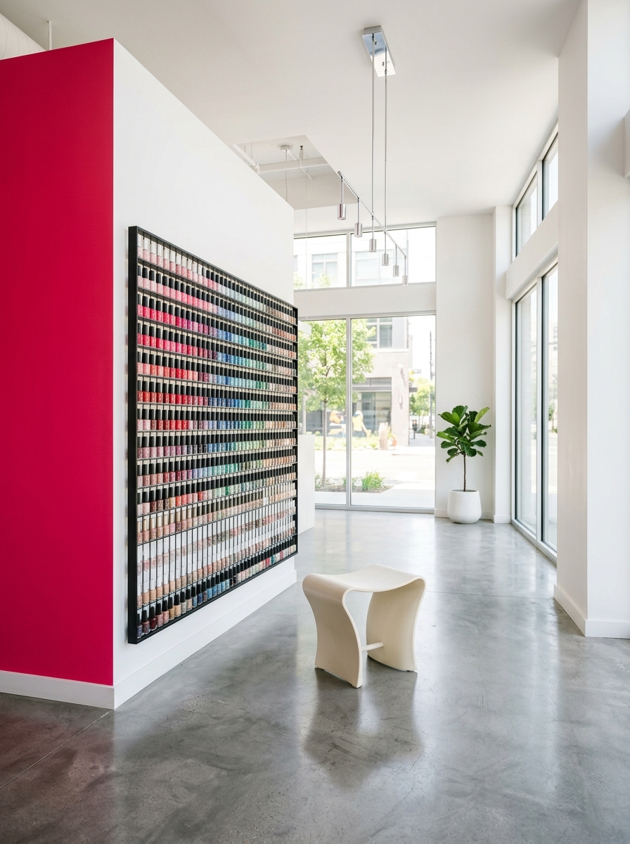 Inside Studio Chroma — a polished gallery interior with a magenta accent wall, a wall-mounted rainbow display of polish bottles, a single curved cream stool on polished concrete, and tall windows